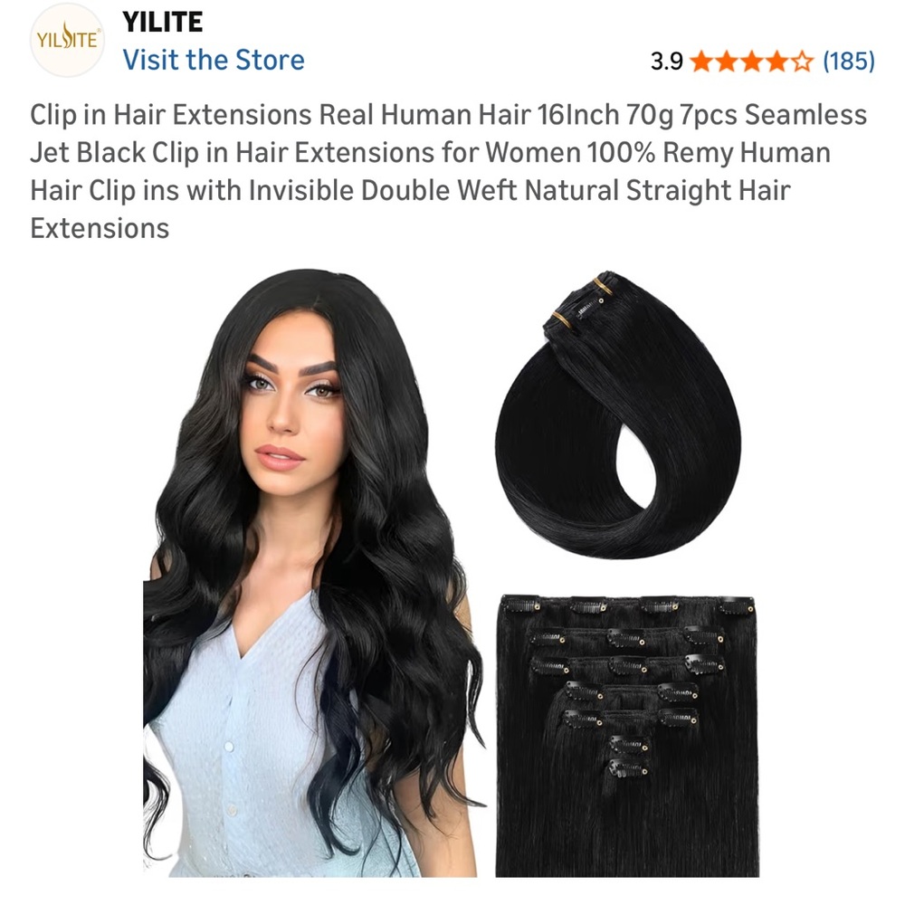 Clip-In Hair Extensions 16Inch 70g 7pcs Seamless Jet Black 100% Remy Human Hair